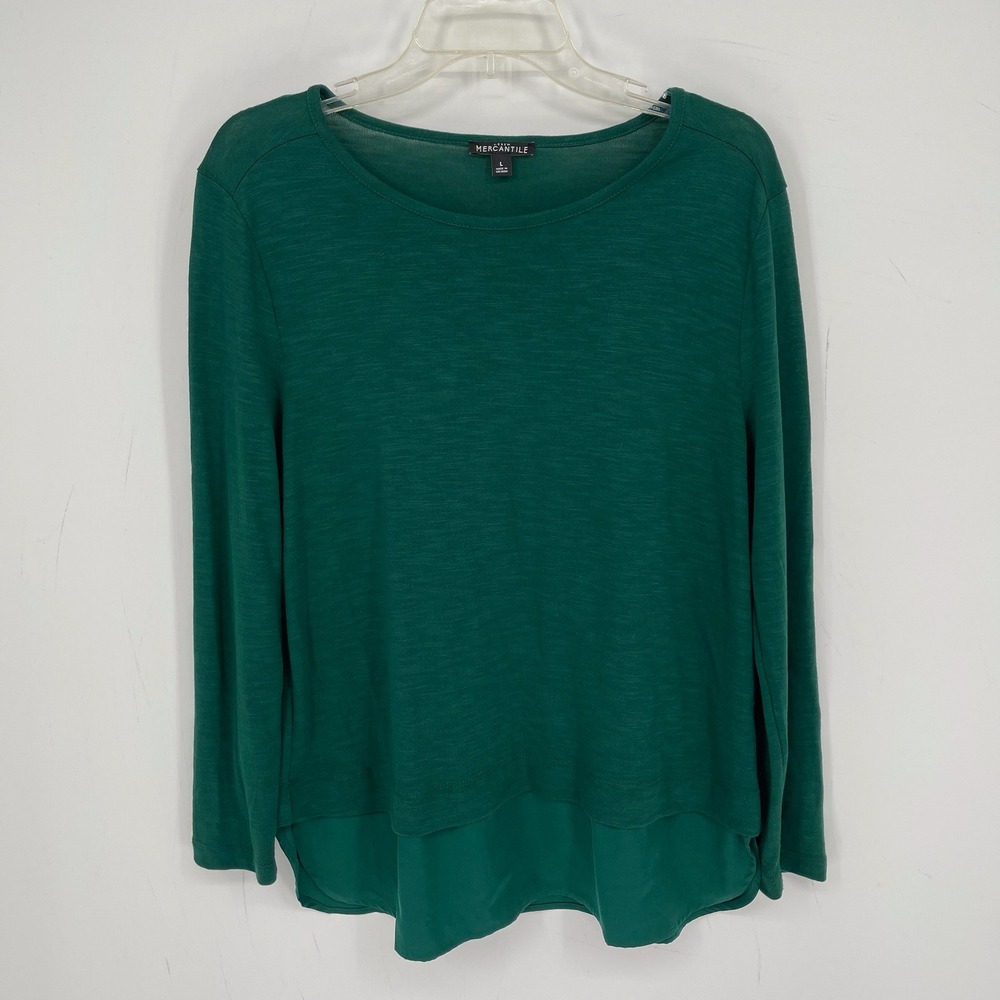 J Crew Mercantile Women's Green Layered Hem Round Neck Long Sleeve Top Size L